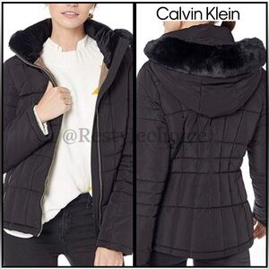 Womens Calvin Klein Detachable Hood Jacket Coat XS Black Faux Fur Puff